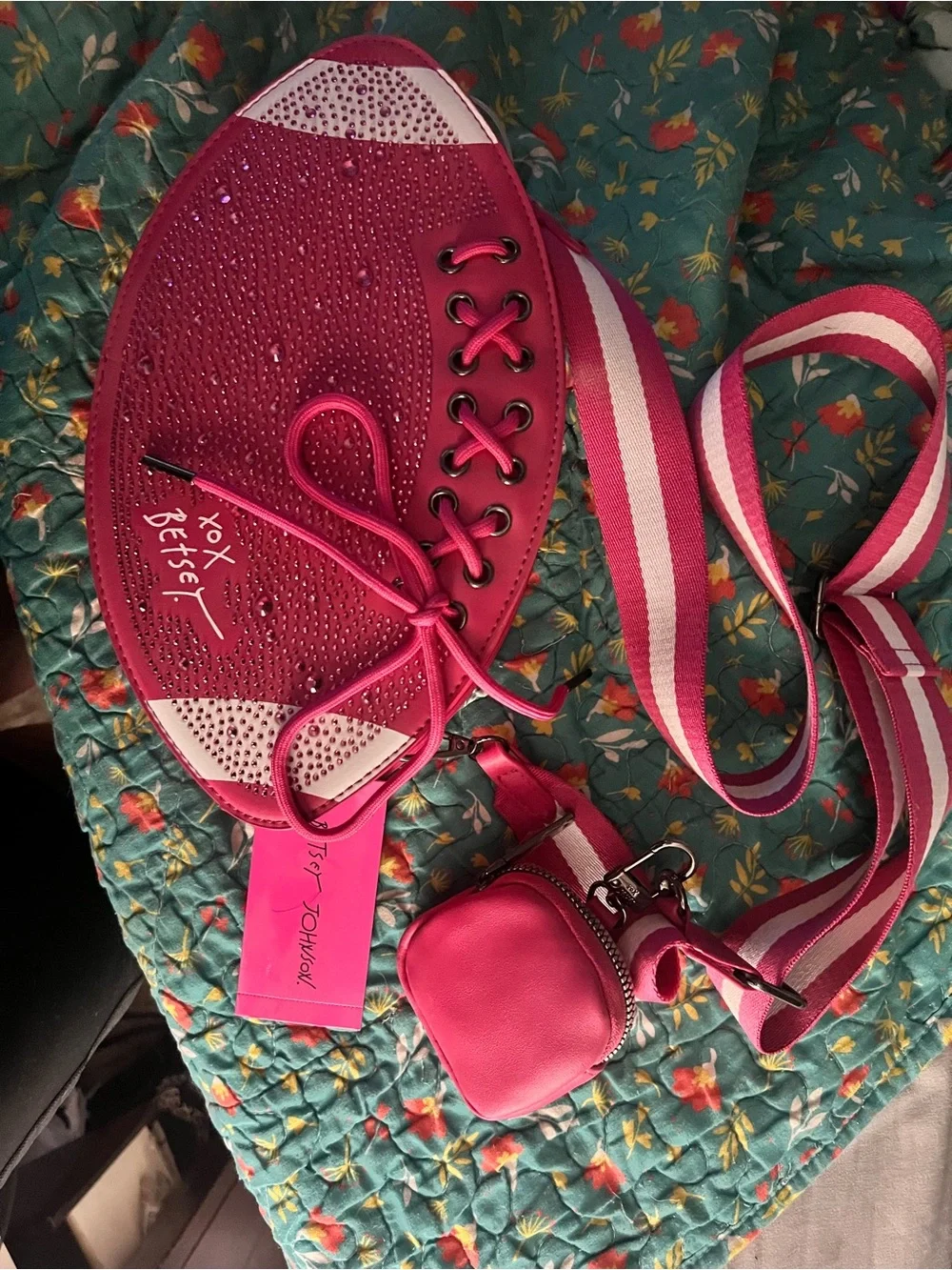 Betsey Johnson Pink Crystal Lace-Up Crossbody Bag with Coin Pouch